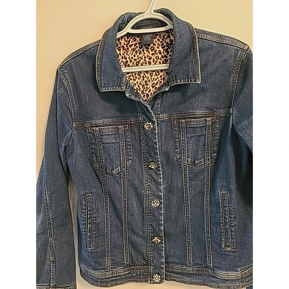 Westbound Vintage Dark Wash Jean Jacket Rhinestone Buttons Women 8‎ Animal Print